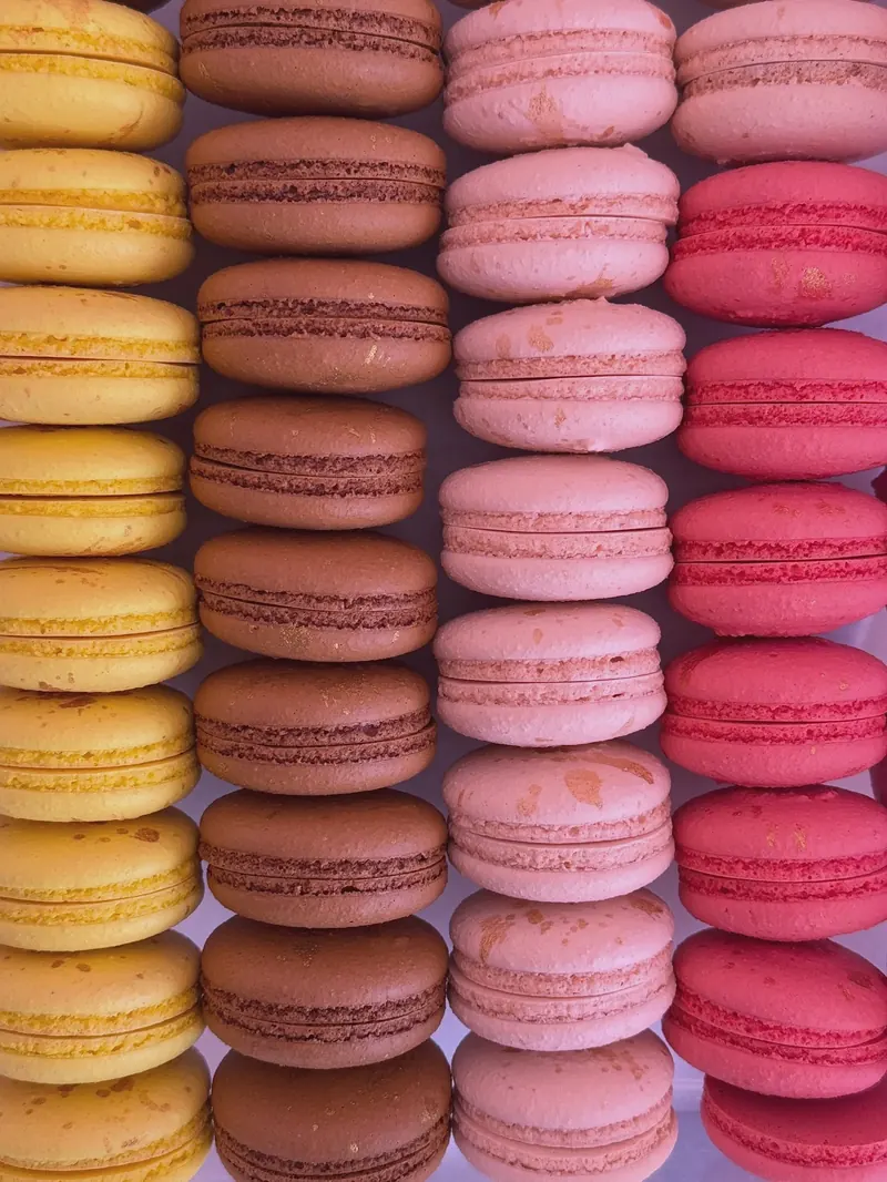 Rows of lemon, chocolate, strawberry and raspberry macarons