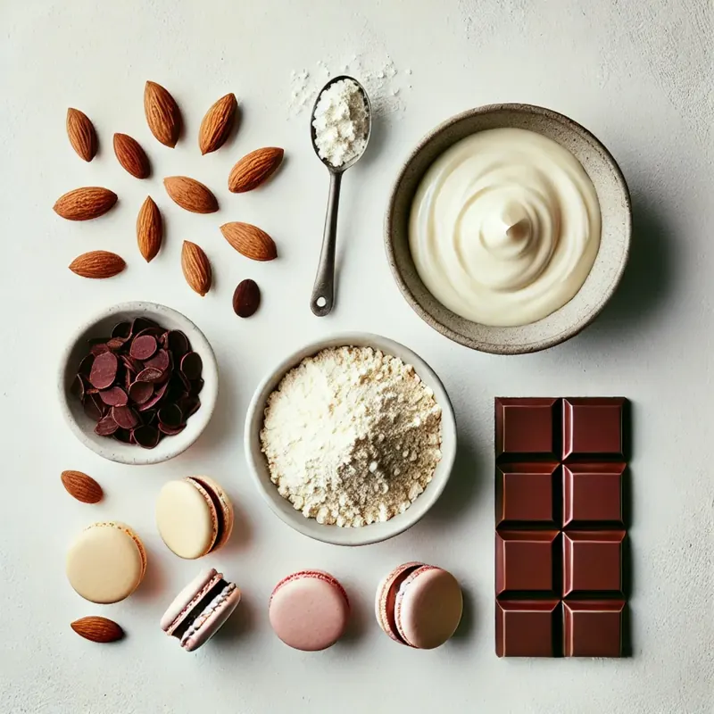 The almonds, chocolate, cream, and fruit used in handmade macarons